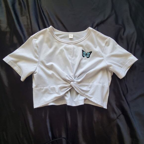 Crop top white shirt butterfly tied short sleeve size 180 or large for tweens - Picture 1 of 1